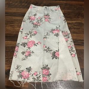 Floral Denim Skirt with Pink Roses